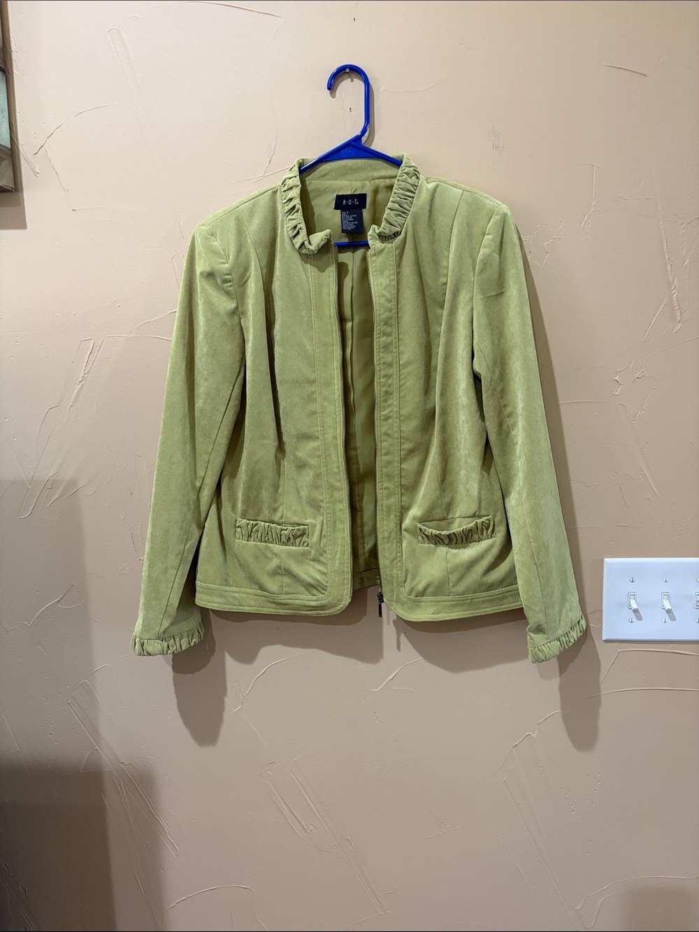 R.Q.T. Soft Ruffle-Trim Velvet Blazer in Light Olive
